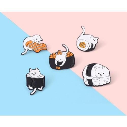 Cartoon Cute Animal Cat Enamel Brooch Sushi Modeling Salmon Kitten Alloy Pins Punk Badge Accessories Woman Jewelry Gift