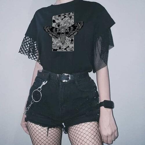 Aesthetic Gothic Death Moth Women T Shirt Harajuku 90s Vintage Loose Short Sleeve Graphic Tee Egirl Edgy Grunge Clot Streetwear