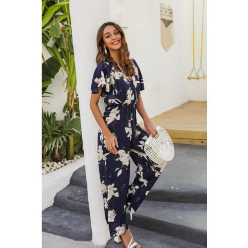 2020 European and American womens summer petal sleeve waist print womens one-piece pants wide leg pants fashion suit