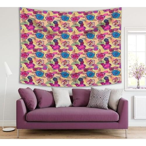 Tapestry Abstract Rose Flower Branches Leaves with Bright Colors Romantic Floral Art Blue Fuchsia Green Beige