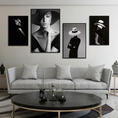 Black And White Figure Painting Poster Women Elegant Lady With Hat Movie Star Picture And Print Wall Art Decor For Room Home Dec