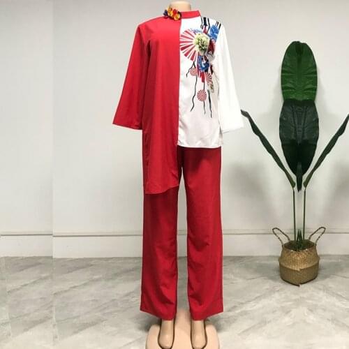 Two Piece Set Africa Clothes African New Dashiki Fashion Striped Flower Suit Top Trousers Super Elastic Party For Women Outfits