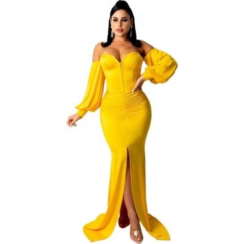 2021 Summer African Dresses For Women Yellow Split V-Neck Sexy Party Dress Long Tunic Night Club Long Sleeve Long Maxi Dresses