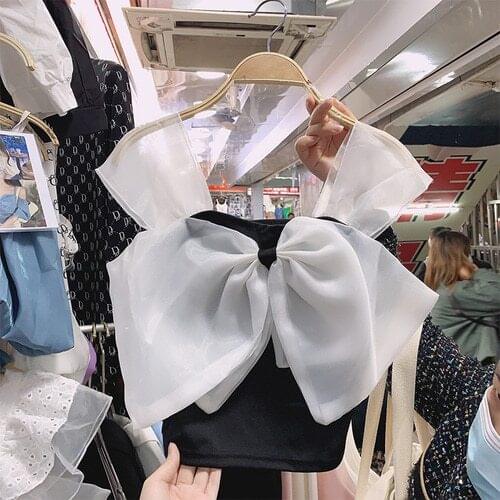 Sleeveless Mesh Camisole Bow Vest Shirt Womans Clothing 2021 Summer New All-Matching Slimming Outerwear Top Tanks