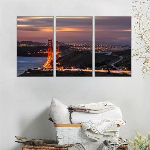 3 Panels Night View Modular Art Printed Sunset Seascape Modular Picture on Canvas Scenery Golden Gate Bridge Home Decoration