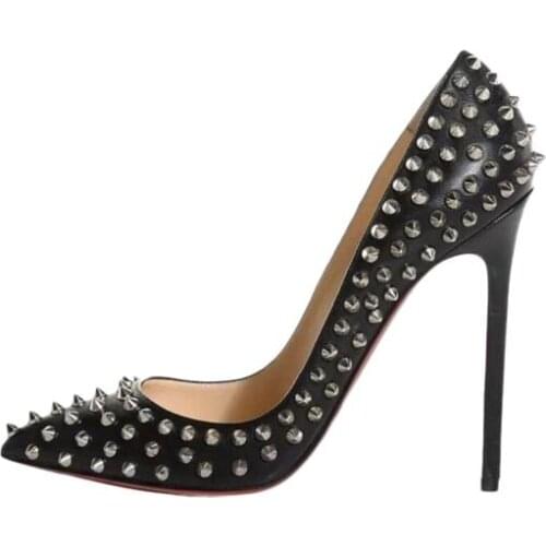 Moraima Snc Pointed Toe Rivets Studded High Heel Shoes Woman Sexy Thin heels Pumps 12CM Slip on Stiletto heels Black Leather