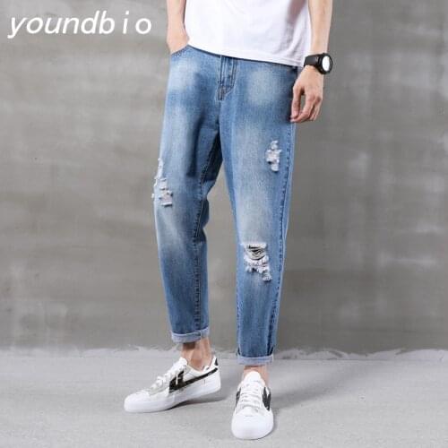 Ripped Jeans Denim All-Match Loose Men High Quality Loose Straight Pants New Trend Nine-Point Pants Fashion Casual Jeans 3138