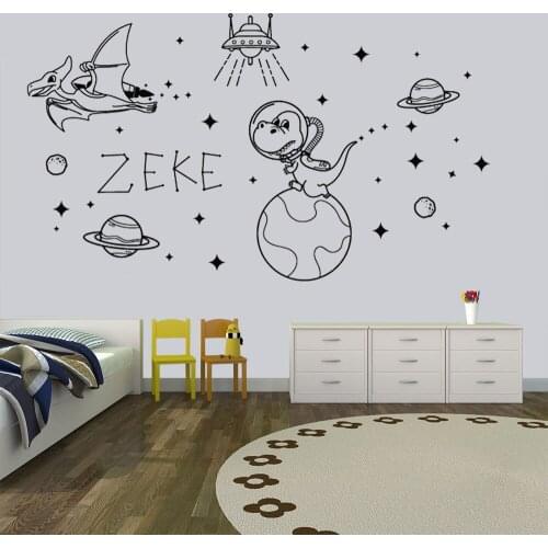 Outer Space Wall Decal for Custom Name Dinosaur in Spaceship Planets Stars Moon Nursery Decal Vinyl Kid Space Sticker Art HY828