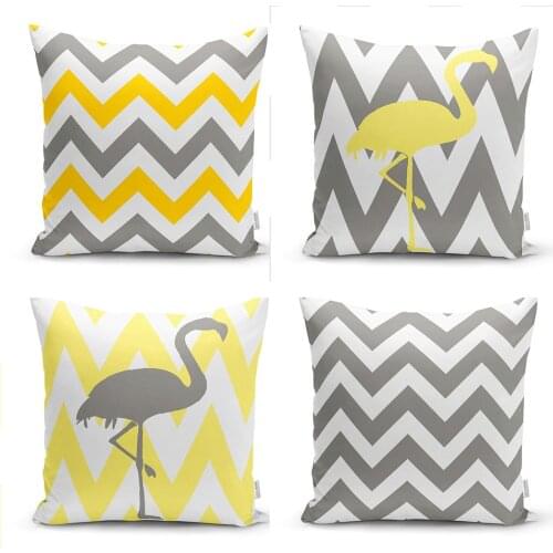 Yellow Gray Zigzaglı Flamingo Pattern 4'Lü Modern Cushion Pillow Decorate Case Quality Stylish Home Garden Room Kitchen Gift Useful Colorful
