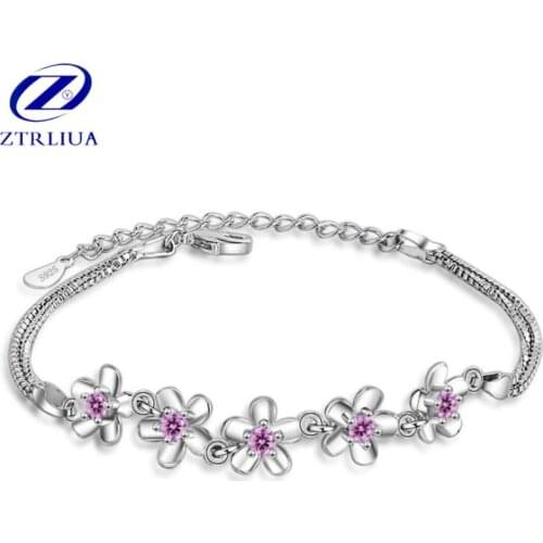New Fashion Korean Style Simple Wild 925 Sterling Silver Jewelry Personality Crystal Purple Flowers Female Bracelets SB89