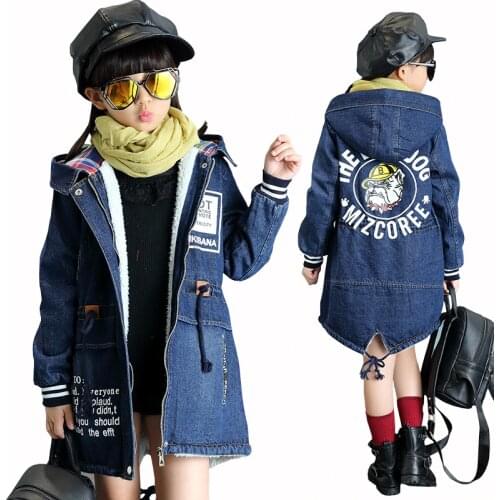 New Winter Girls Jacket Children Denim Jackets Long Warm Clothing Kids Plus Thick Velvet Jacket Cotton Hooded Outwear for Girl