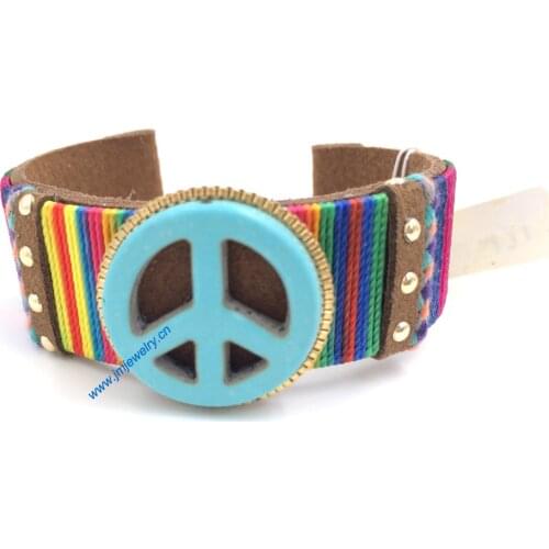 2015 New European Jewelry Suppliers leather Bangle wrap bracelet peace symbol beads bracelet for women girl