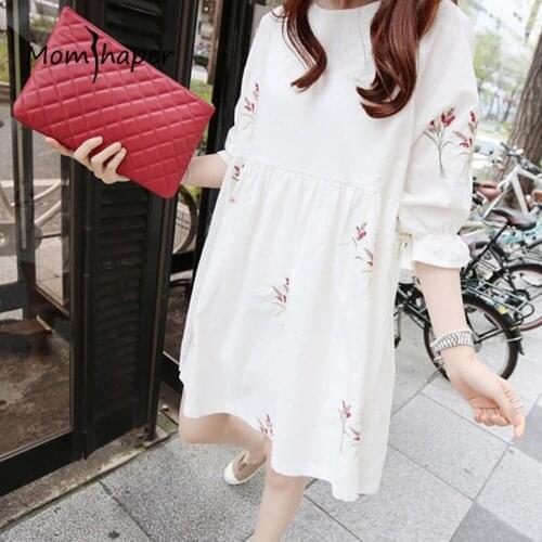 Maternity dress Korean version Casual medium and long short sleeved loose Dresses embroidered Pregnant Blouses Cotton 2018 new