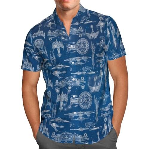 Spaceship 3D Beach Hawaiian 2021 Summer Blue Shirt Short Sleeve Shirt Streetwear Oversized 5XL Camisa Social Chemise Homme-099