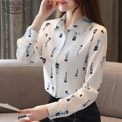 Casual Printed Chiffon Blouses Autumn Fashion Women Shirts Long Sleeve Turn-down Collar Tops Blusas Mujer De Moda 2021 6198 50