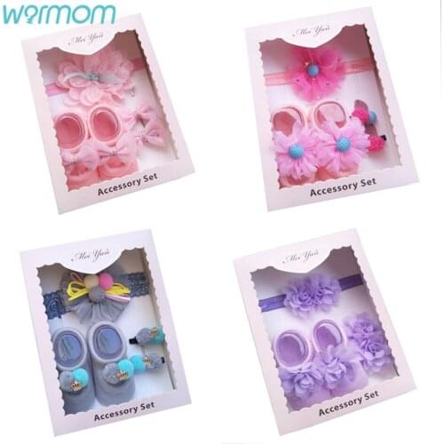 Warmom 3pcs/set Newborn Photography Props Baby Girl Headband Socks Set With Gift Box Baby Shower Gifts Infant Toddler Headwear