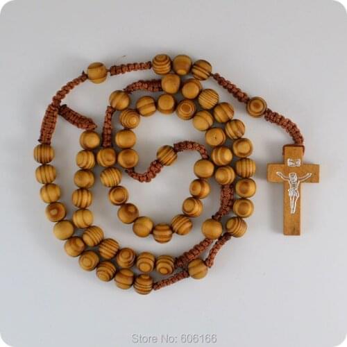 Pine Wood Rosary Beads INRI JESUS Cross Pendant Necklace Catholic Fashion Religious jewelry