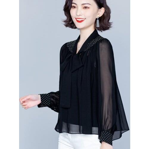 Chiffon Black Women Blouse Summer New 2021 Long-Sleeved Bow Neck Beaded Office Lady Elegant Pulls Outwear Tops