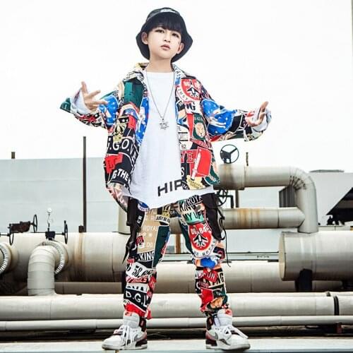 ChildrenS Hip-Hop Dancing Clothes For Kids Long Sleeve Tops Hiphop Pants Jazz Dance Costumes Street Dance printing Wear PP028