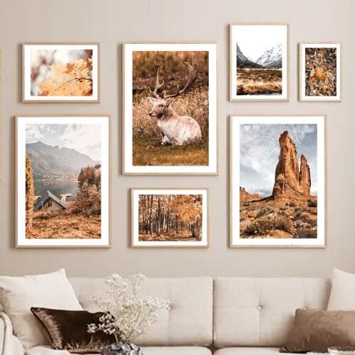Fall Leaf Mountain Forest Lake Road Deer Wall Art Canvas Painting Nordic Posters And Prints Wall Pictures For Living Room Decor