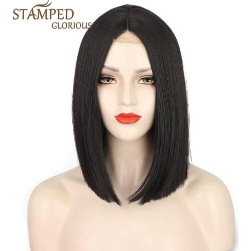 Stamped Glorious Straight Bob Synthetic Wigs for Black Women Middle Part Straight Short Bob Wig Heat Resistant Fiber Natural Wig