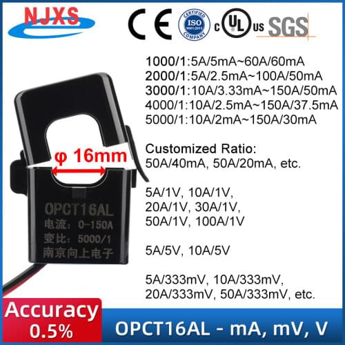 Miniature High Frequency Split Core Current Transformer OPCT16AL 100A/50mA 50A/40mA 5A/2.5mA Current Clamp on Transformer