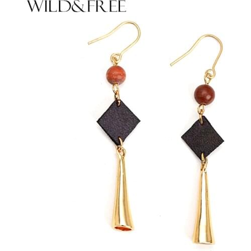 WILD & FREE Women Vintage Gold Zinc Alloy Bell Shape Drop Earrings Natural Stone Leather Pendant Long Dangle Earrings Jewelry