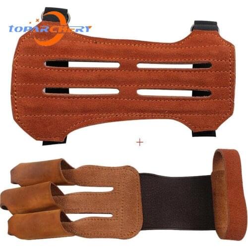 Toparchery Leather Protective Gear Arm Guard 2 Straps Hunting Target with Three Finger Gloves Tab Shooting Practice