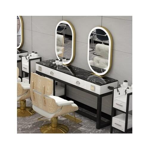 Barbers mirror table LED light beauty mirror one side beauty and makeup cabinet one side marble two side ironing and dyeing tab