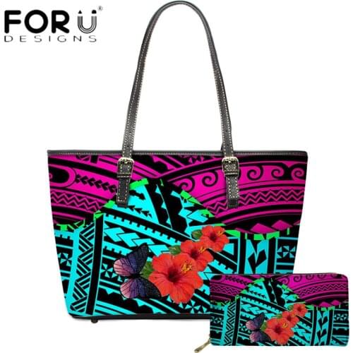 FORUDESIGNS Women Luxury Handbag And Purse Set Polynesian Ethnic Hibiscus With Butterfly Print Lady PU Leather Tote Shoulder Sac
