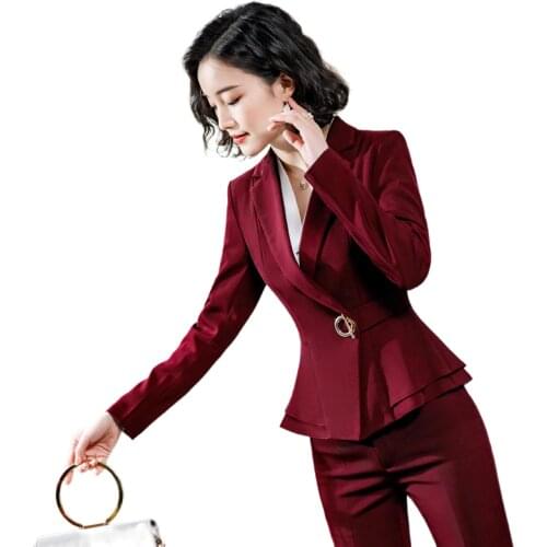 Lenshin 2 Piece Set Simple Formal Pant Suit Blazer with Pockets Office Lady Elegant Designs Women Ruffles Jacket and Pant