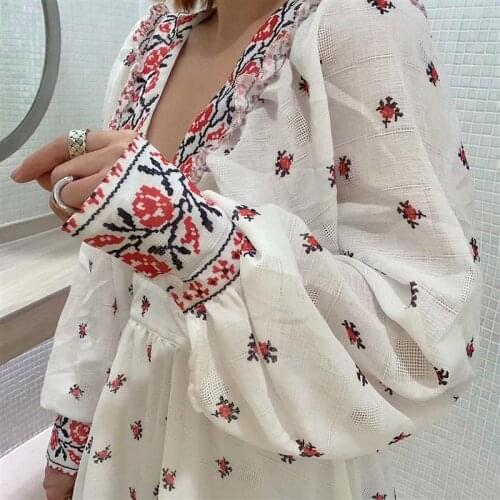 Boho Floral Printed Maxi Dress Women 2020 Spring Long Sleeves Palace Cotton Blend Lace-up Backless Deep V-neck Sexy Dresses Long