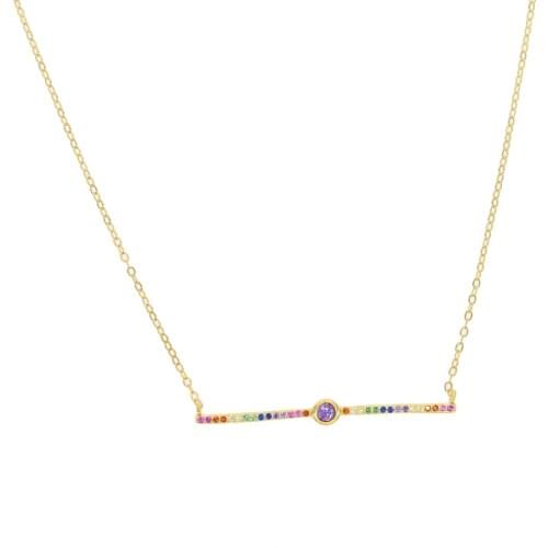 Silver Rinbow bar pendent necklace real 925 sterling silver women jewelry colorful rhinestone bezel shiny purple cubic zirconia
