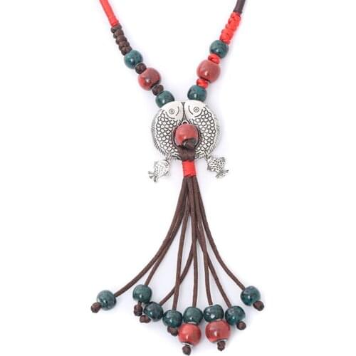 Women vintage sweater necklaces Multicolor ceramics hot tibetan silver fish pendant necklace fashion jewelry accessories