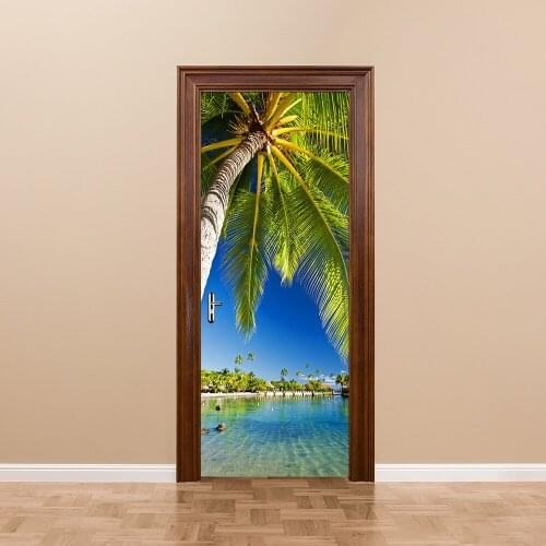200x38.5cm 2pcs/set Waterproof Imitation Lake Palm Tree by The Lake 3D Door Sticker PVC Self-adhesive Vinyl Home Decor