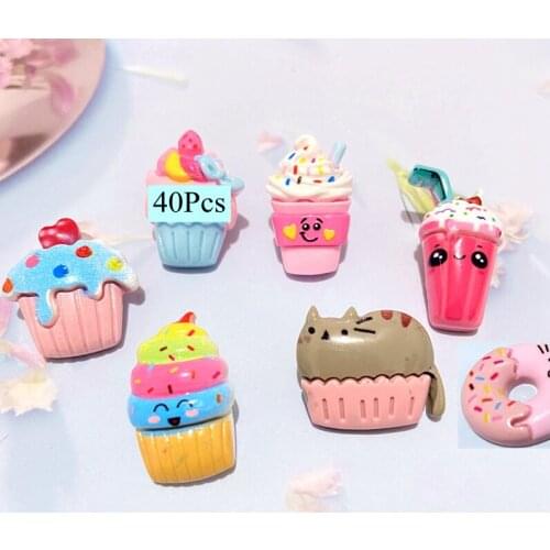 40Pcs/lots Mixed Cake Drink Ice Cream Pink Cat Doughnut Set Planar Accessory Home Decor Cartoon Desserts Hairclip Jewelry Make