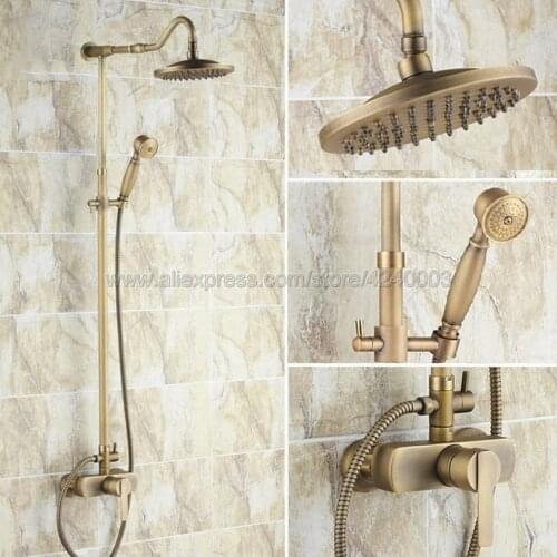 Antique Brass Rain Shower Set Faucet 8" Rainfall Shower Head W/ Hand Shower Spray Mixer Tap Wall Mounted Krs205