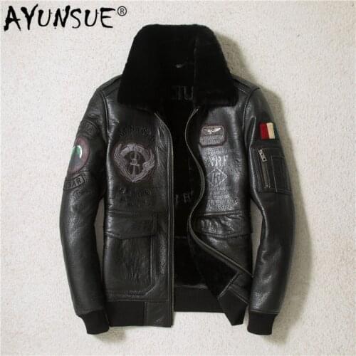 AYUNSUE Winter Genuine Leather Jacket Men Sheepskin Coat Motorcycle Flight Jacket Embroidery Shearling Leather Jackets SWY-966