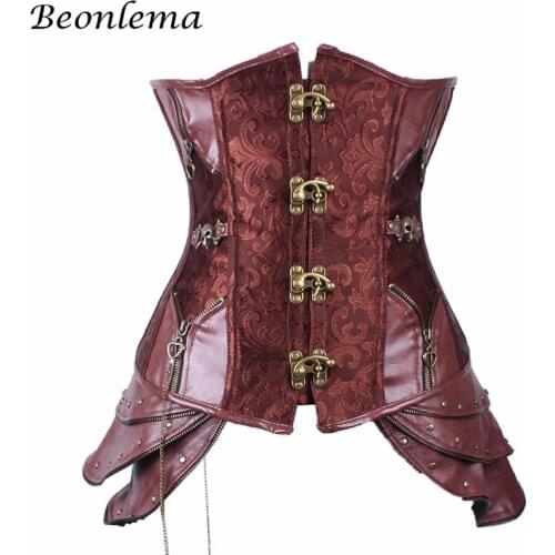 Steampunk Bustiers Underbust Corset Women Sexy Lingerie Faux Leather Waist Slimming Corsets Vintage Party Gothic Clothing S-2XL