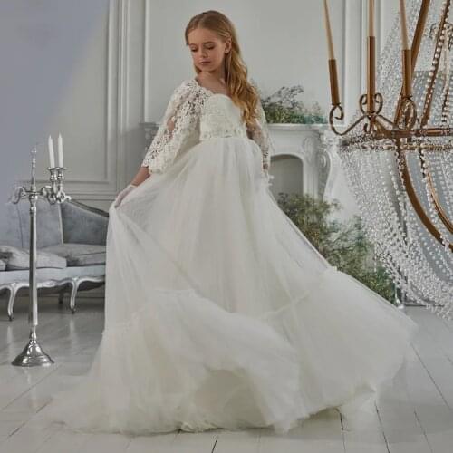 Elegant White Long Sleeves White Lace Junior Girls Wedding Dresss Communication Dresses 2021