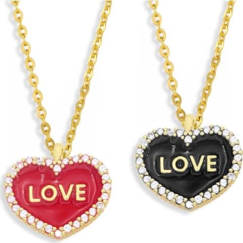 FLOLA Gold Chain 3 Colors Heart Necklace Pendant For Women Copper CZ Enamel LOVE Letter Necklace Girls Jewelry nkew45