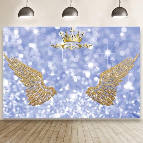 Golden Crown and Wings Child Birthday Shooting Background Blue Pink Theme Photography Baby Shower Backdrop Banner Studio Prop