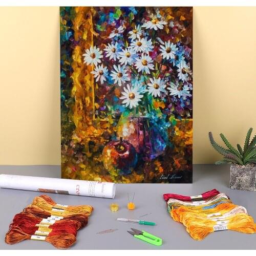 White Flowers Printed Water-Soluble Canvas 11CT Cross Stitch Embroidery Complete Kit DMC Threads Handicraft Craft Adults