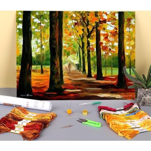 Oil Painting Style Autumn Pre-Printed 11CT Cross-Stitch DIY Embroidery Set DMC Threads Knitting Handmade Handicraft Counted