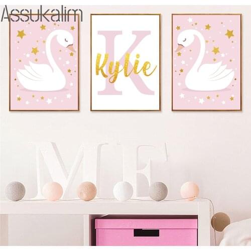 Swan Canvas Painting Nursery Wall Art Print Custom Name Poster Star Prints Nordic Wall Pictures For Baby Girls Bedroom Decor