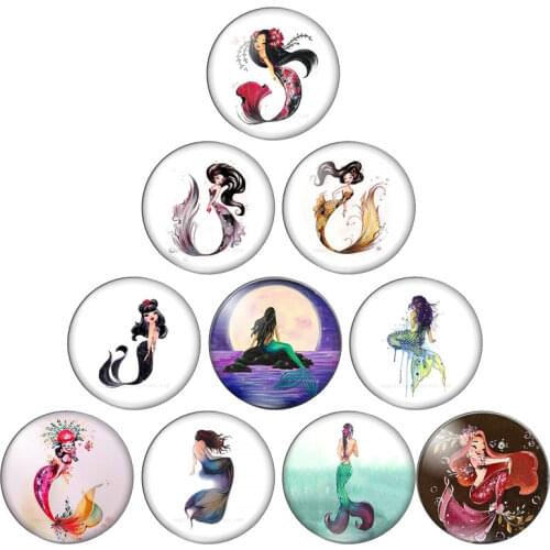 Cartoon Mermaid girls Art Paintings 10mm/12mm/18mm/20mm/25mm Round photo glass cabochon demo flat back Making findings
