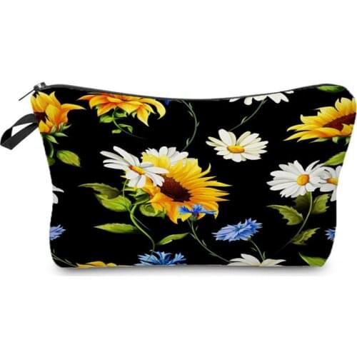 Sunflower Printed Cosmetic Bags Women Black Makeup Bag Mini Fashion Plant Floral Graphic Travel Wash Storage Bag Custom Pattern