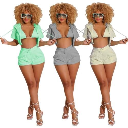 Chiclover Summer Streetwear Wholesale Items Casual Tracksuit Women 3 Piece Set Zip Up Hoodie Cardigan and Lace Up Corset Shorts