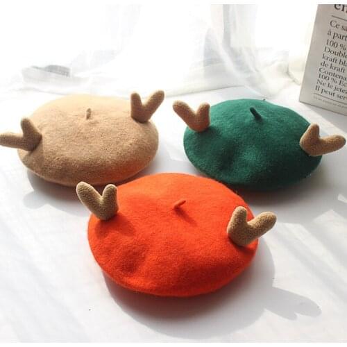 Cute antler shape parent-child beret cap Winter 100% Woolen artist hats Kid children girls Thick warm Pumpkin gorros