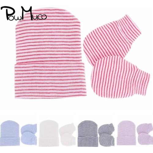Powmuco Fashion Knitting Striped Infant Hat and Glove Set Comfortable Warm Baby Caps Anti-eat Hand Anti-Grab Face Protect Mitten